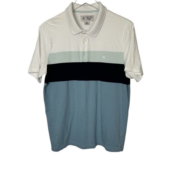 Original Penguin Striped Short Sleeve Polo Shirt Men's Munsingwear Blue Large - Picture 1 of 5